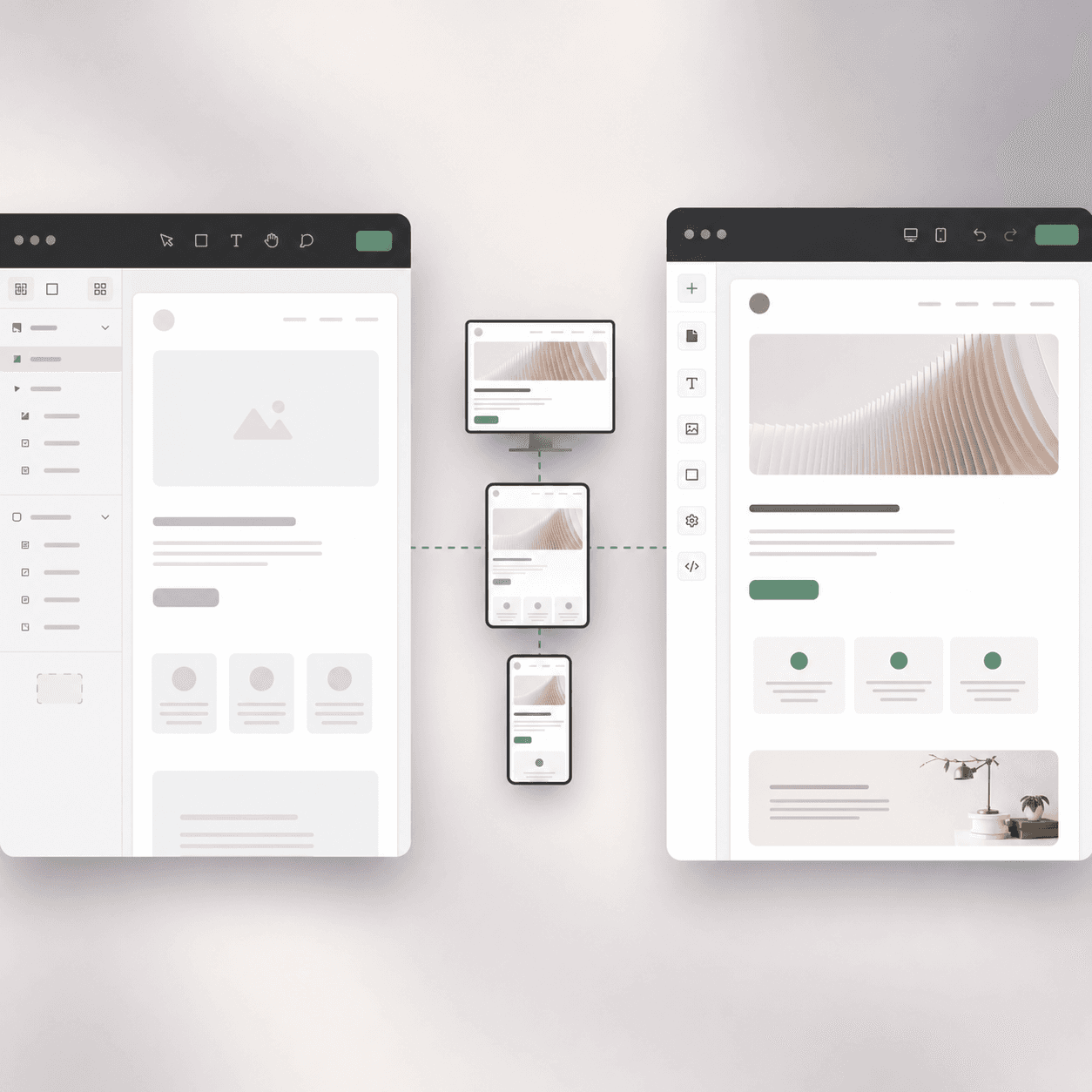 Figma designs moving through the UpBuilder workflow into an editable website